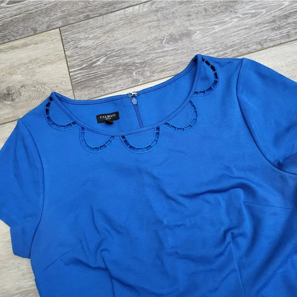 Talbots scalloped neckline cutouts blue sheath dress curve hugging stretch 6p